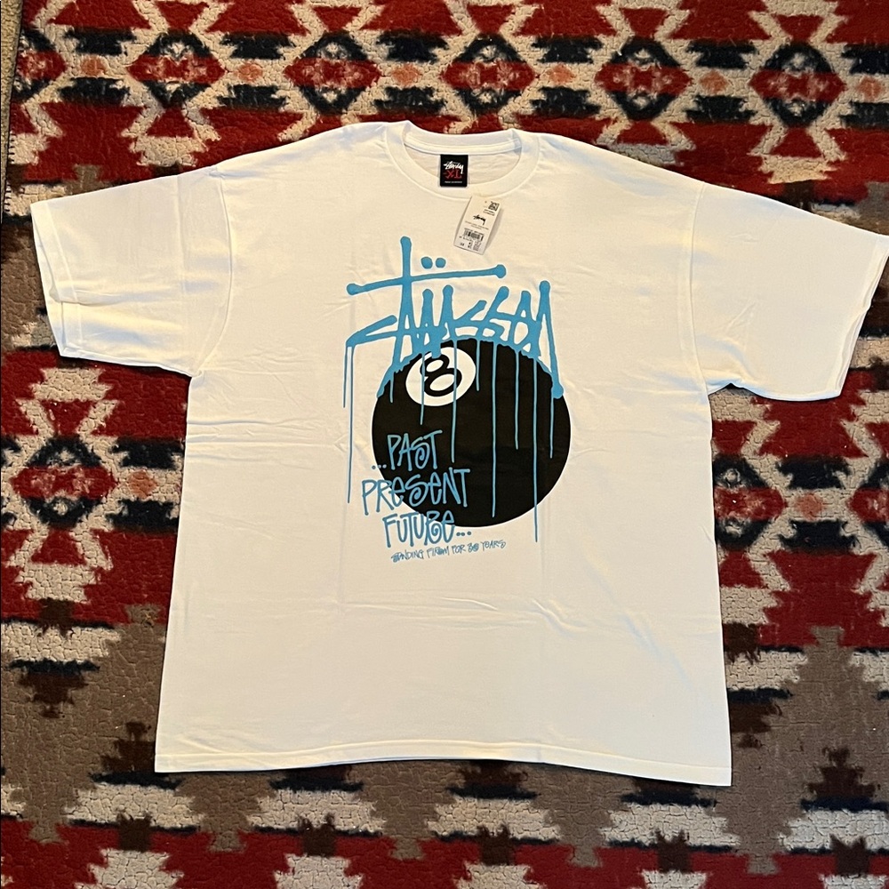 Brand new Stussy 8 Ball White Tee with Blue Graphic size XL